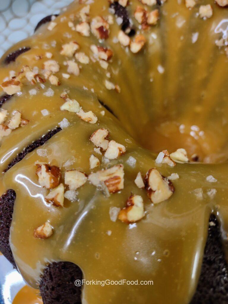 Guinness Chocolate Cake with Salted Caramel Turtle Topping close up