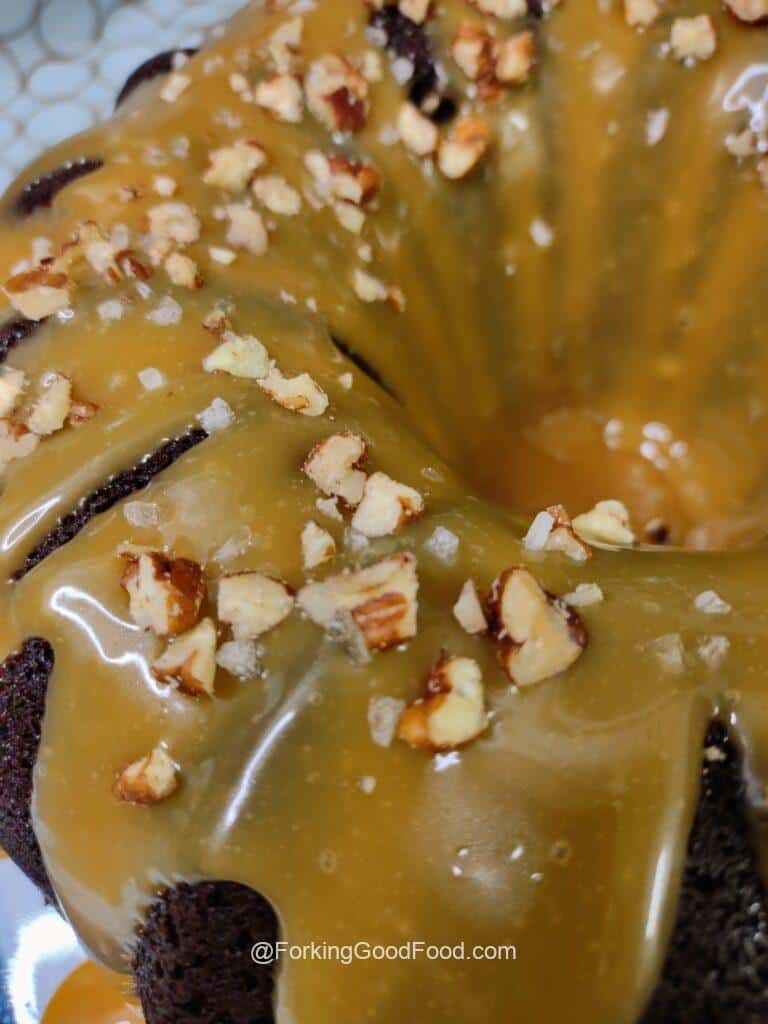 Guinness Chocolate Cake with Salted Caramel Turtle Topping close up