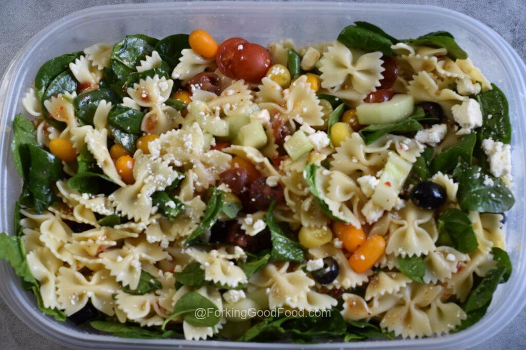 greek pasta salad in container