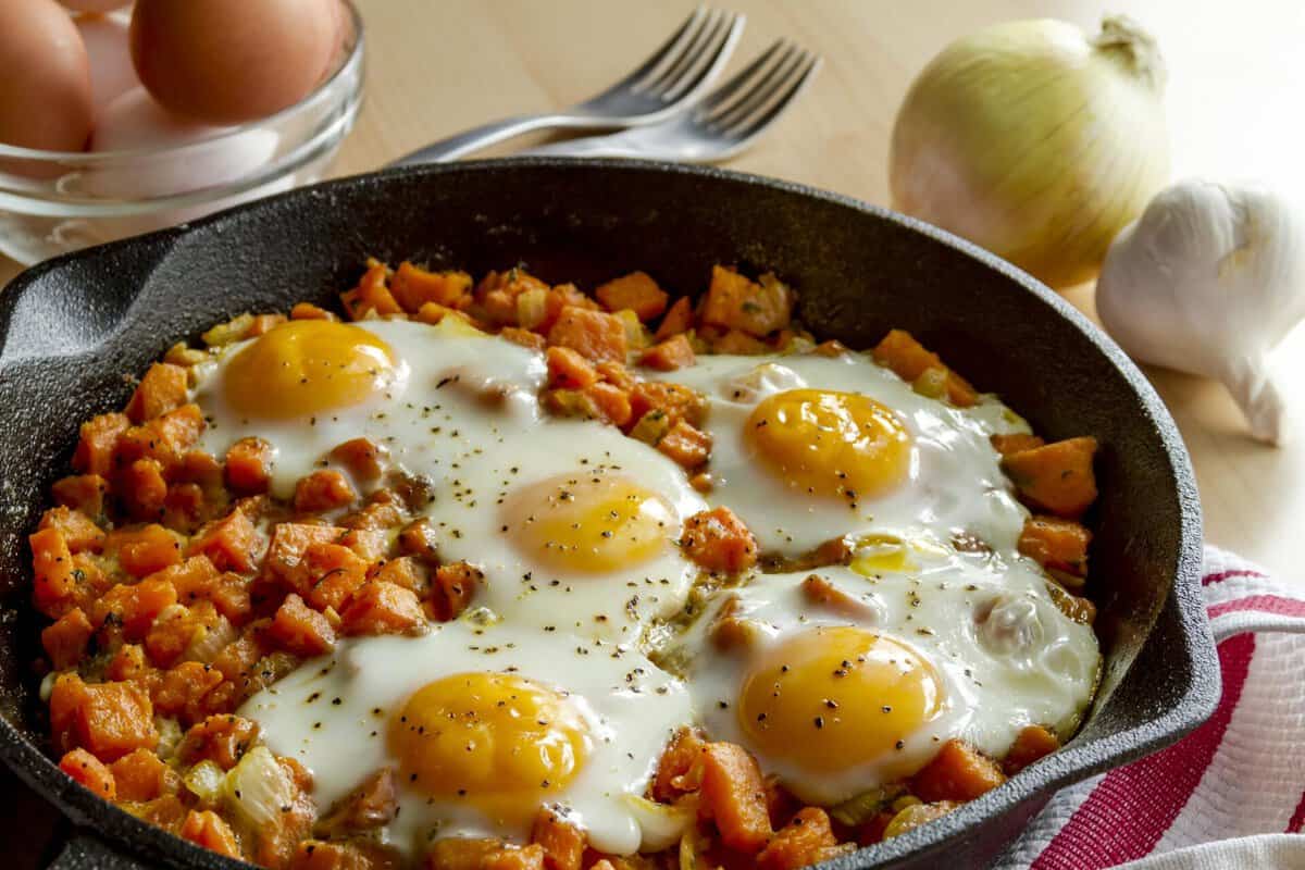 fried eggs and sweet potato hash