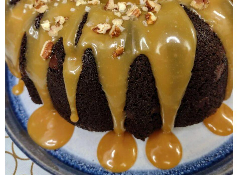 chocolate cake with salted caramel turtle topping