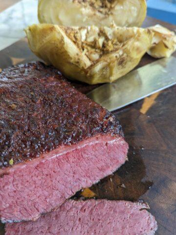 finished smoked corned beef brisket and cabbage