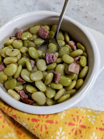 lima beans and ham instant pot in white bowl