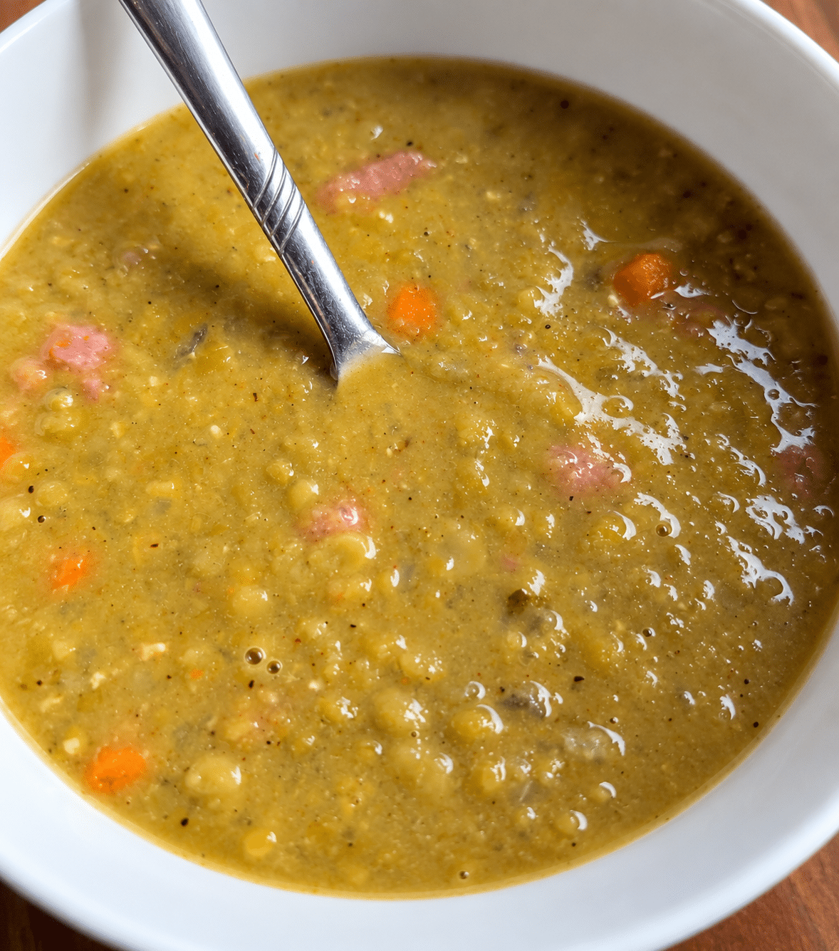 Homemade Instant Pot split pea soup with ham and toasted bread