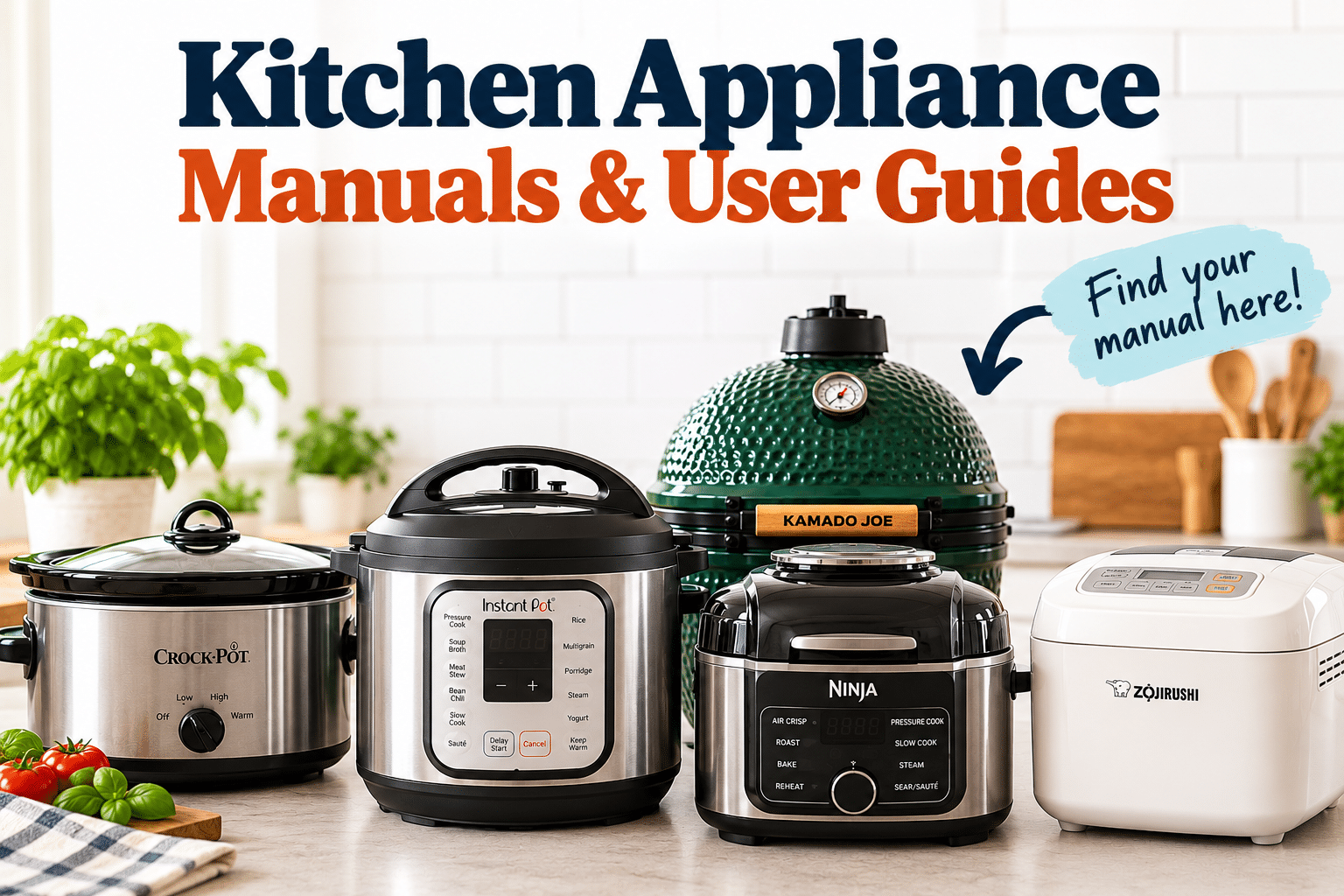 Kitchen appliance manuals for Crock-Pot, Instant Pot, Ninja, Kamado Joe and bread machines.